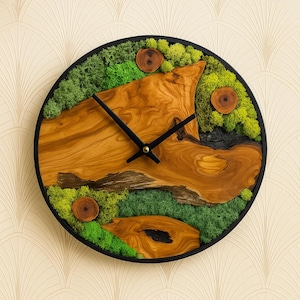 Olive Wood & Moss Wall Clock, Handmade Rustic Natural Clock, Live Edge Wooden Wall Art, Green Preserved Moss Decor, Eco Friendly Gift