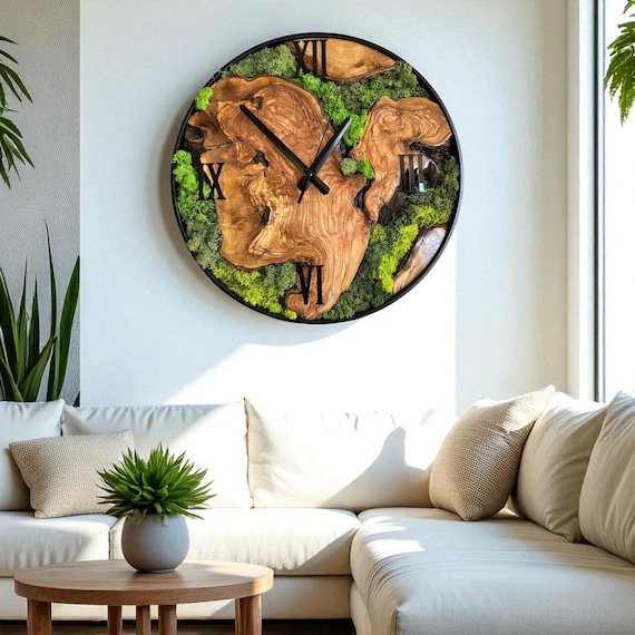 Live Edge Olive Wood Clock with Real Moss, Handmade Rustic Nature Wall Art