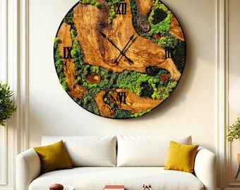 Olive Wood & Moss Oversized Wall Clock, Handmade Rustic Greenery Art with Black Frame