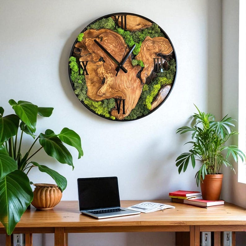 Bohemian living room featuring large rustic olive wood and moss wall art.