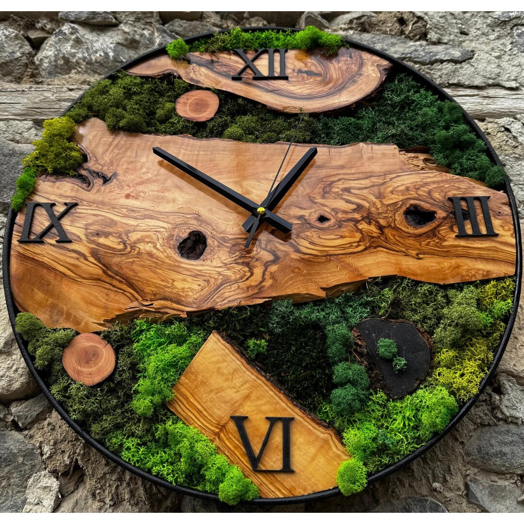 Olive Wood Wall Clock, Handmade Moss Art - Etsy
