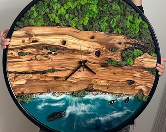 Olive Wood Moss Wall Clock, Ocean Resin Wall Art, Biophilic Nature Decor