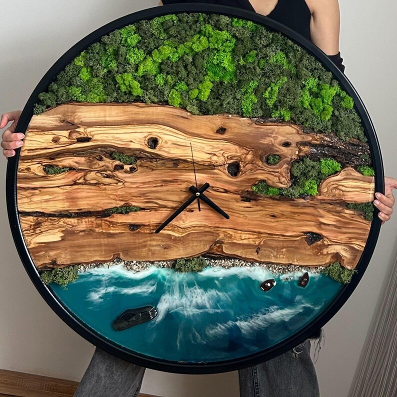 Olive Wood Moss Ocean Wall Clock, Live Edge Resin Nature Scene ...