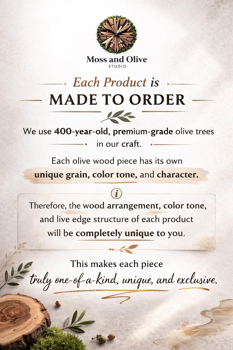 Live Edge Olive Wood Clock with Real Moss, Handmade Rustic Nature Wall Art image 13