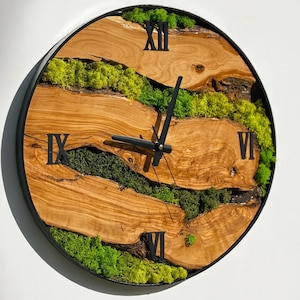 Olive Wood & Moss Wall Clock, Live Edge Rustic Decor, Unique Handmade Wall Art, Housewarming Gift, Stabilized Moss Clock