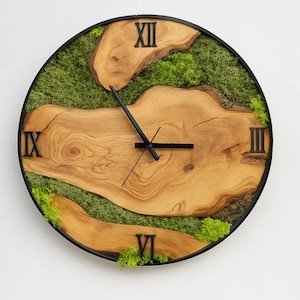 Live Edge Olive Wood Wall Clock with Preserved Moss, Black Metal Frame, Rustic Handmade Timepiece for Nature Lovers