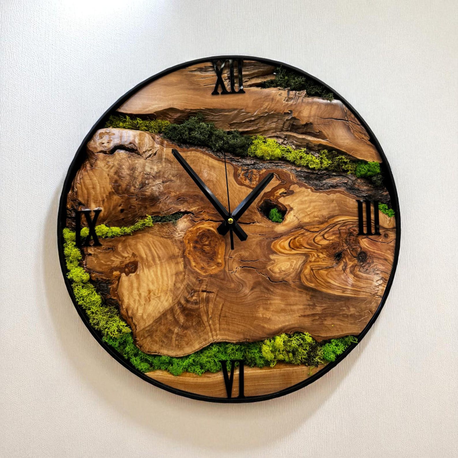 Olive Wood and Moss Wall Clock With Metal Frame, Unique Nature Gift - Etsy