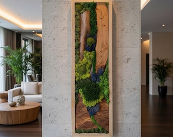 Vertikale Wandkunst aus Olivenholz und konserviertem Moos: Biophile, natürliche Wanddekoration, botanisches Wanddekor