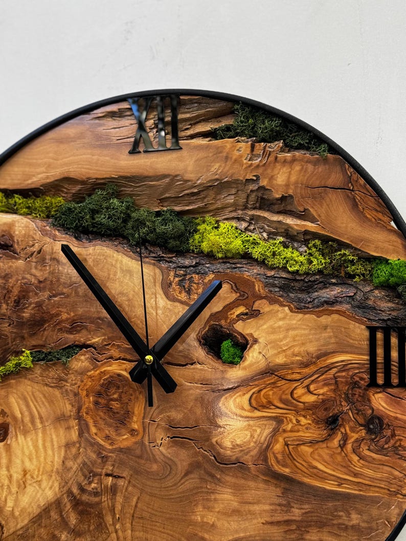 Olive Wood and Moss Wall Clock With Metal Frame, Unique Nature Gift - Etsy
