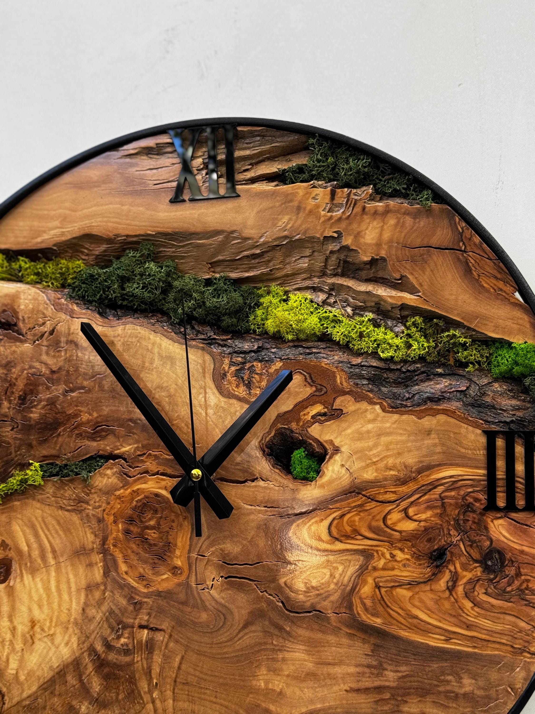 Olive Wood and Moss Wall Clock With Metal Frame, Unique Nature Gift - Etsy
