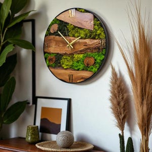 Live Edge Olive Wood Wall Clock with Moss, Metal Frame Rustic Clock, Unique Natural Decor, Housewarming Gift, Handmade Wall Art