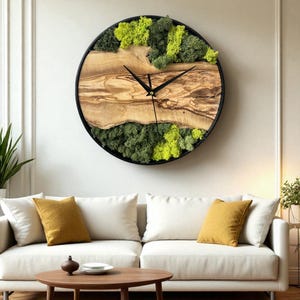 Live Edge Olive Wood & Moss Wall Clock, Modern Rustic Wall Decor, Preserved Moss Art, Unique Housewarming Gift