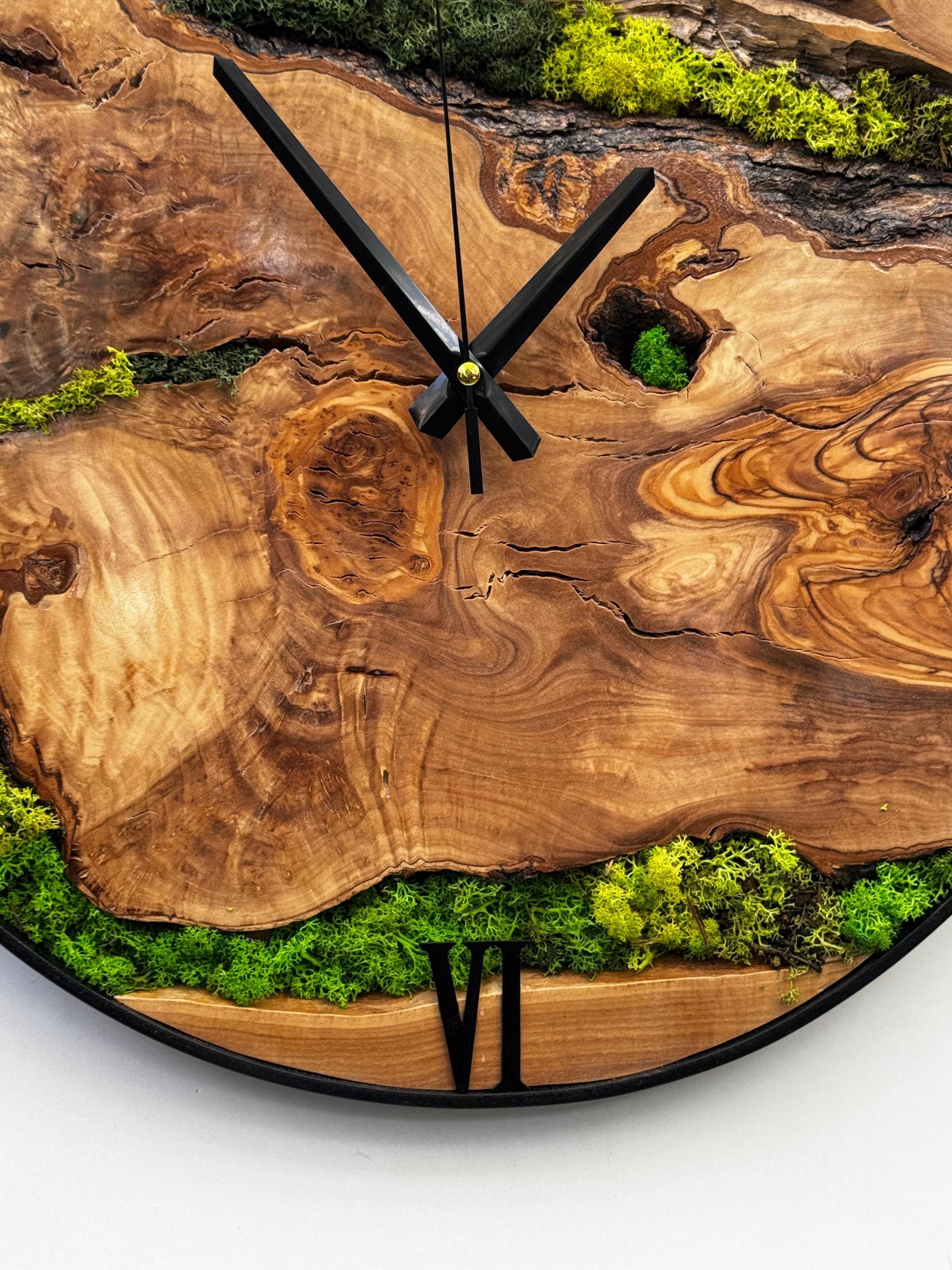 Olive Wood and Moss Wall Clock With Metal Frame, Unique Nature Gift - Etsy