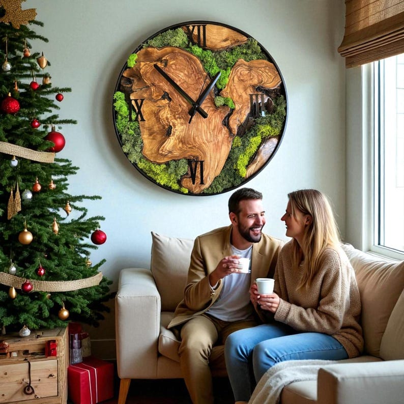 Modern living room with handmade moss wall and olive wood large wall clock