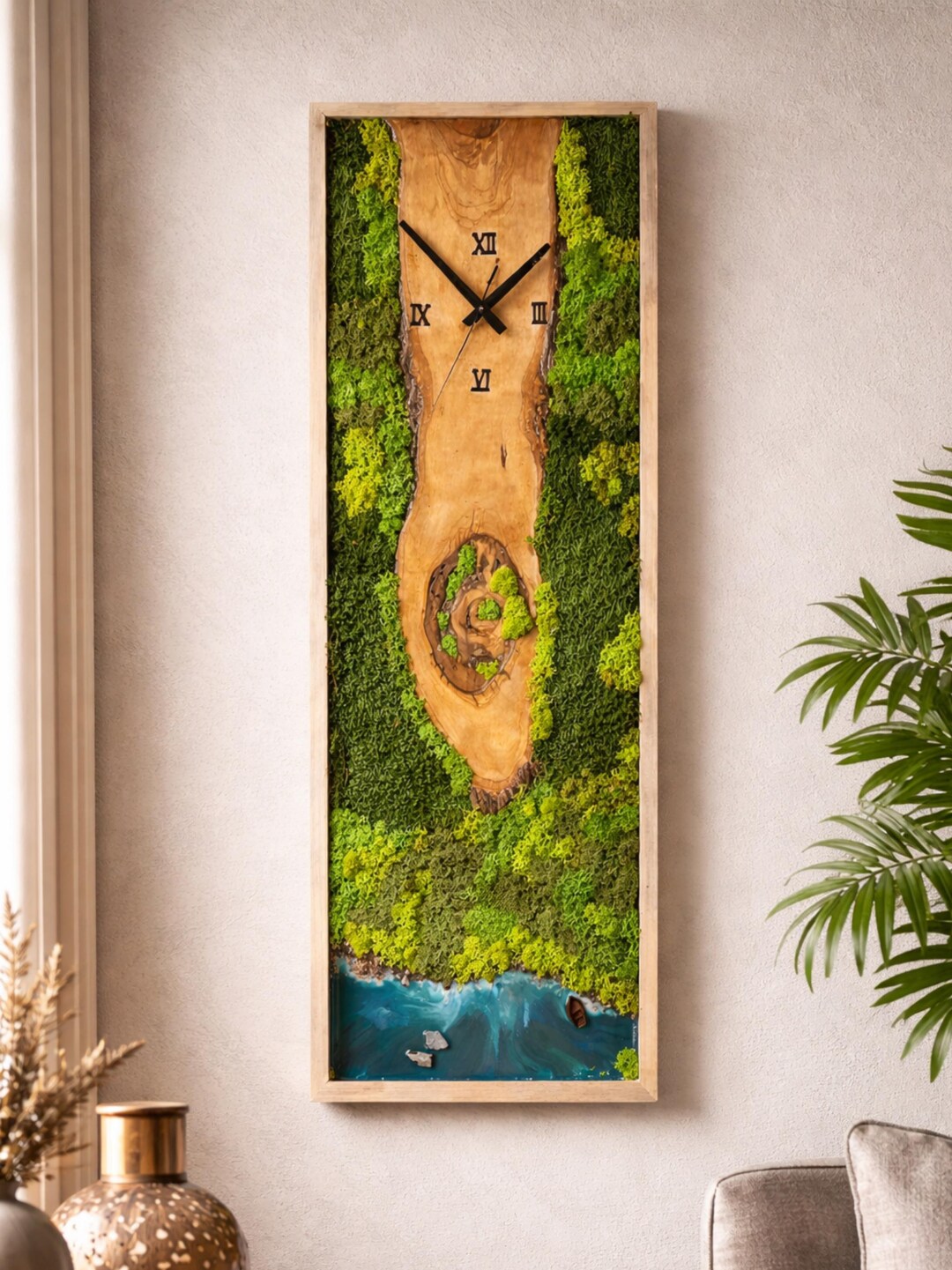 Olive Wood Wall Clock With Moss & Epoxy River, Live Edge Wooden Clock ...