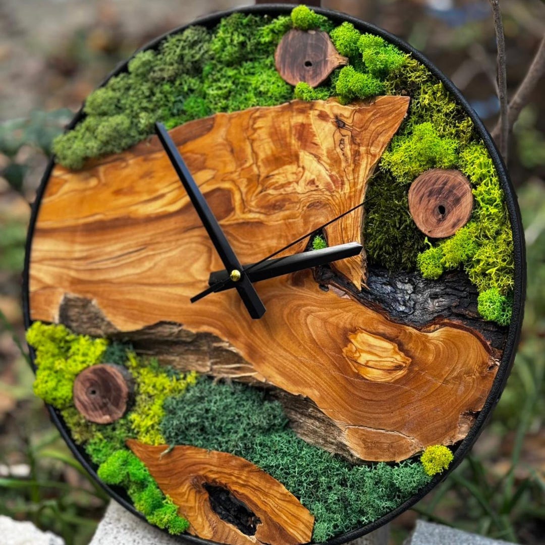 Olive Wood & Moss Wall Clock, Handmade Rustic Live Edge Wooden Wall Art ...