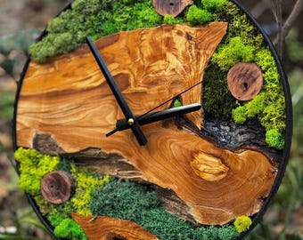 Olive Wood & Moss Wall Clock, Handmade Rustic Live Edge Wooden Wall Art