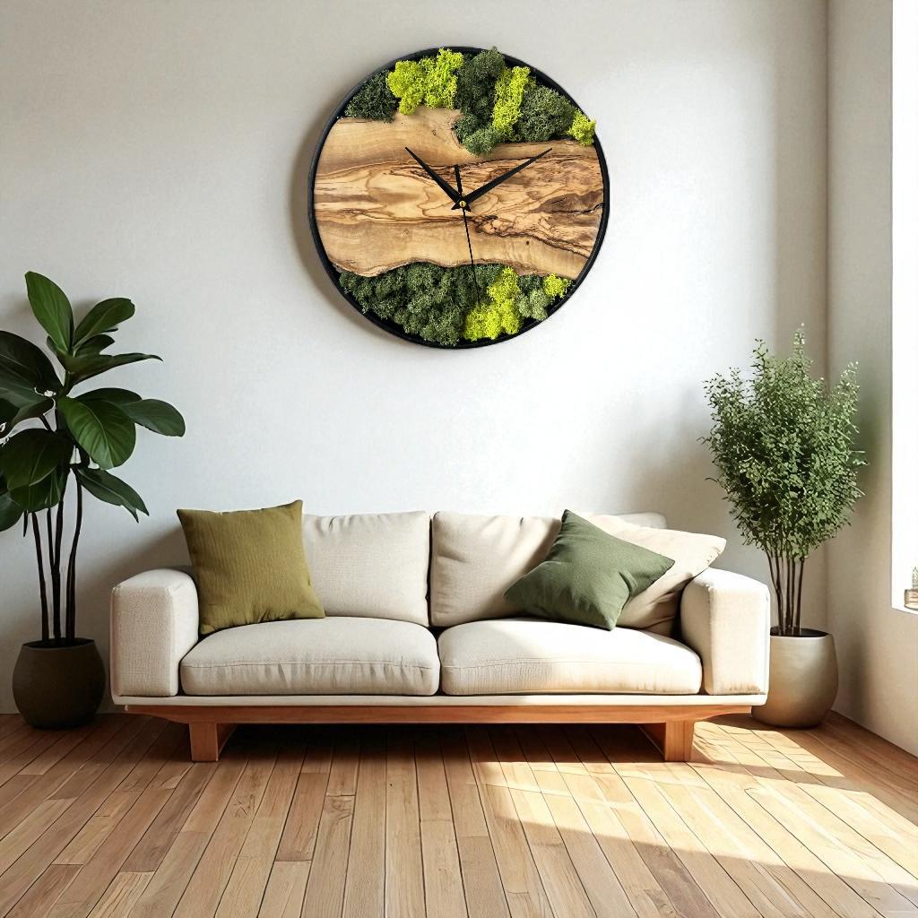 Live Edge Olive Wood Clock With Preserved Moss, Modern Rustic Design ...