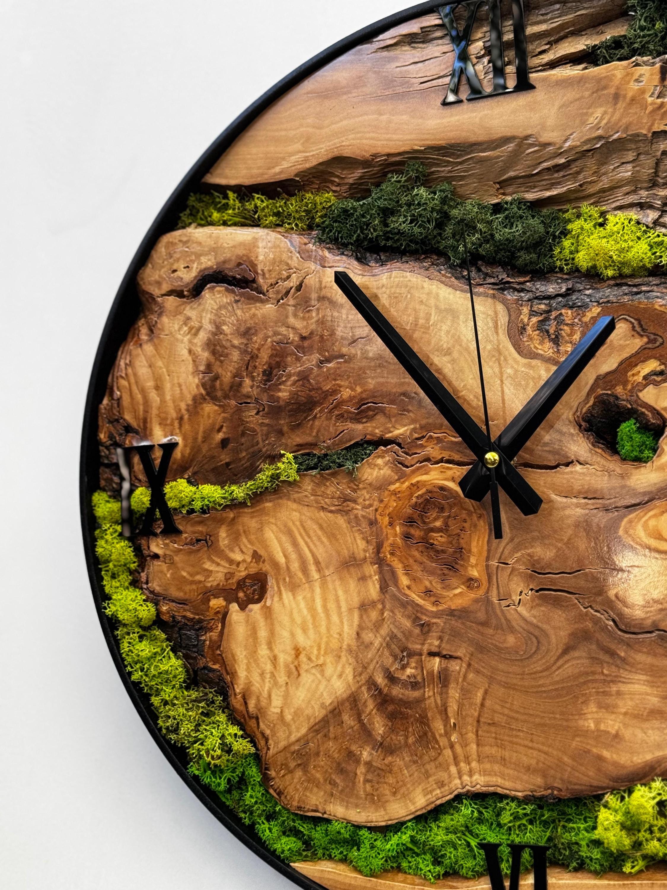 Olive Wood and Moss Wall Clock With Metal Frame, Unique Nature Gift - Etsy
