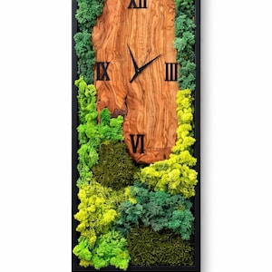 Live Edge Olive Wood Wall Clock with Preserved Moss, Rustic Nature Wall Decor