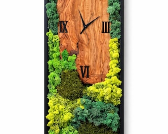 Live Edge Olive Wood Wall Clock with Preserved Moss, Rustic Nature Wall Decor