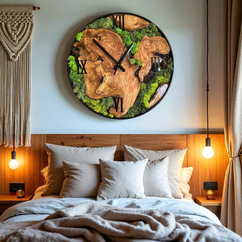 Eco-friendly handcrafted olive wood clock with earthy tones and modern style.