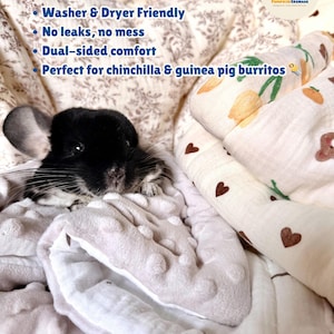 Puede incluir: Una chinchilla negra descansando sobre una manta suave de color claro con un patr&oacute;n de puntos texturizados y una pieza de tela separada con un estampado de corazones marrones y tulipanes naranjas. El texto en la imagen dice: Washer & Dryer Friendly, No leaks, no mess, Dual-sided comfort, Perfect for chinchilla & guinea pig burritos.