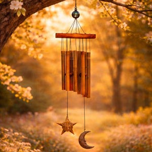 Celestial Sun & Moon Brass and Bamboo Wind Chime Set | Sun Moon Garden Decor | Boho Outdoor Hanging Wind Chimes | Witchy Outdoor Decor