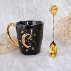 Moon & Sun Double Sided Mug with Brass Golden Ray Sun Spoon, Tea Spoon Set
