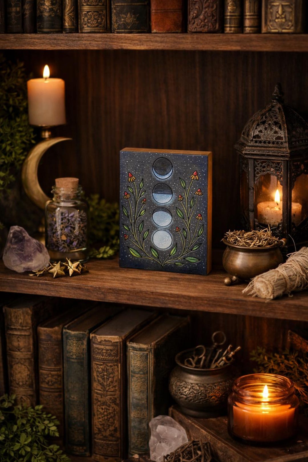 Moon Phase Wood Block Sign, Celestial Wall Decor, Wood Burned Moon Art ...