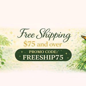 Puede incluir: Banner ilustrado con las palabras "Env&iacute;o gratuito" en escritura elegante. El texto "$75 y m&aacute;s" est&aacute; debajo, con un &oacute;valo verde oscuro que contiene "C&oacute;digo promocional: FREESHIP75". Una mariposa y hojas verdes decoran los bordes.