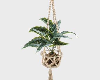 Grande fioriera sospesa in macramè con perline – Lungo portavasi in stile boho con perline in legno, moderno arredamento da fattoria, 41,5"