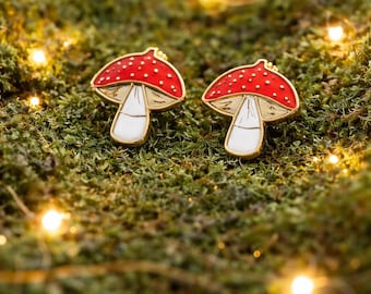 Pendientes de hongo / Bonitos pendientes de esmalte con postes de acero inoxidable hipoalergénicos en oro de 22 quilates / Joyas de estilo rústico con temática forestal