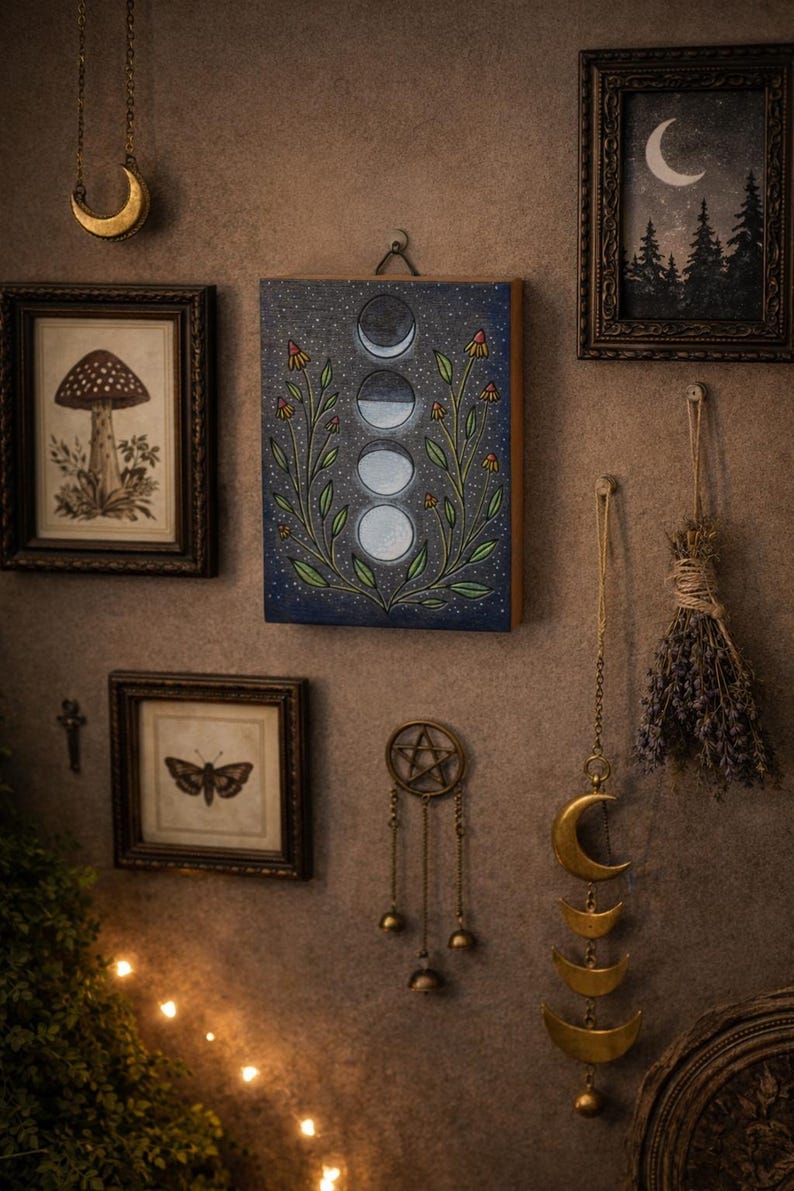 Moon Phase Wood Block Sign, Celestial Wall Decor, Wood Burned Moon Art ...
