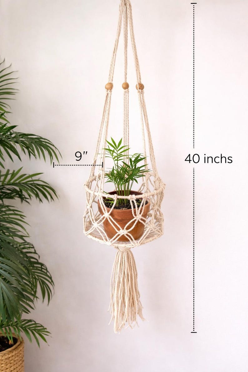 Portavaso sospeso in macramè stile boho con perline di legno – Decorazione per piante da interno/esterno – Arredamento boho per la casa – Appendi piante da appartamento immagine 9