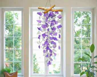 Handmade Purple Sea Glass Wind Chime | Real Driftwood Coastal Decor | Beach House Porch Hanging | Ocean Inspired Gift
