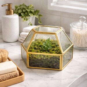 Puede incluir: Un terrario geom&eacute;trico con marco de metal dorado y paneles de vidrio. Contiene musgo verde y una peque&ntilde;a planta. Se encuentra sobre una superficie de m&aacute;rmol, con un dispensador de jab&oacute;n blanco y otros accesorios de ba&ntilde;o en el fondo.