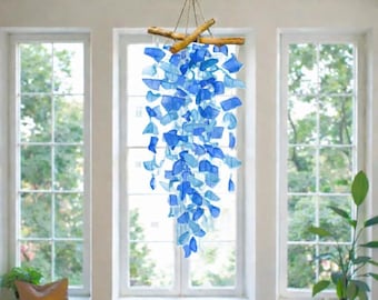 Handmade Blue Sea Glass Wind Chime | Real Driftwood Coastal Decor | Beach House Porch Hanging | Ocean Inspired Gift