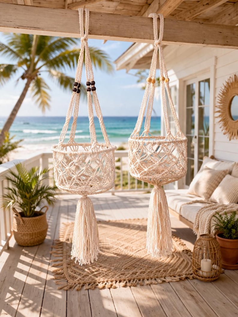 Pu&ograve; includere: Due portavasi in macram&egrave; color crema con design a cestino intrecciato e lunghe nappe. Ogni portavaso &egrave; sospeso a una trave di legno, con il mare e le palme sullo sfondo. Perline decorative accentuano il macram&egrave;.