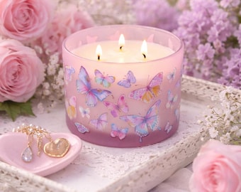 Pink Butterfly Lavender Scented Candle, 3 Wick Candle, Decorative Frosted Glass Candle, Pastel Butterfly Decor, Feminine Room Decor