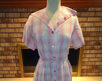 Vintage 60s Pink Blue Striped Shirtwaist Dress w/Belt