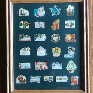 RARE!  Antique Christmas Stickers Seals Circa 1940s 1950s Preserved in Oak Frame
