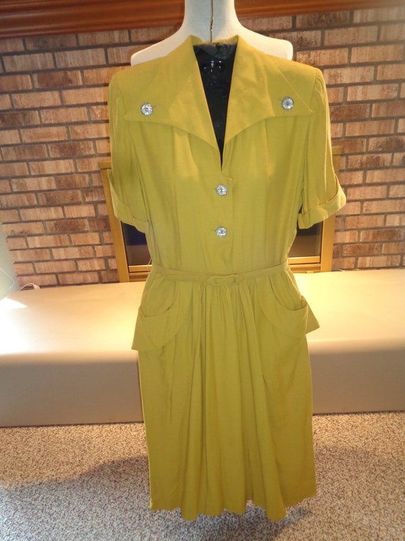 Vintage 1940s Mustard Cocktail Dress Dupioni Silk