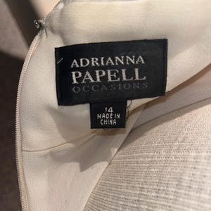 May include: Close-up of a cream dress with a black label reading "ADRIANNA PAPELL OCCASIONS." The label states the dress is size 14 and made in China. A silver zip is also visible.