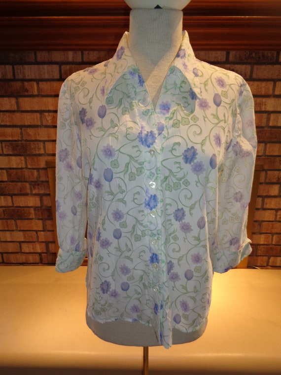 Vintage 90s Mint Green Lavender Blouse - image 1