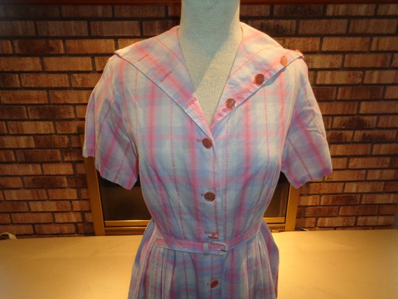 Vintage 60s Pink Blue Striped Shirtwaist Dress w/… - image 2