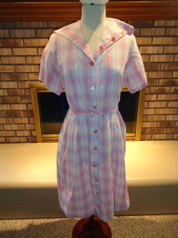 Vintage 60s Pink Blue Striped Shirtwaist Dress w/… - image 1