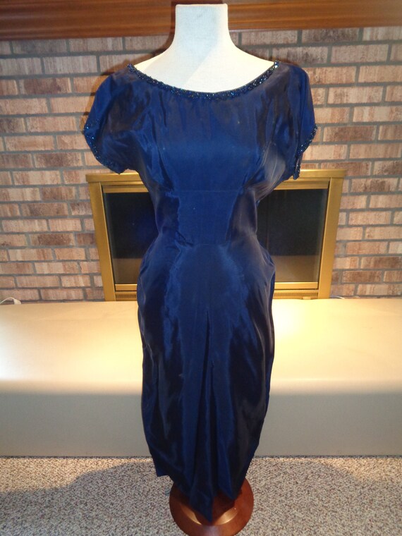 navy blue holiday party dress Navy Blue Fit & Flare Midi V-neck Party Dress main image 1