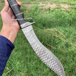 Handmade Damascus Kukri Knife | Bushcraft Bowie Full Tang Knife with Leather Sheath | Anniversary or Birthday Gift for Him.