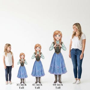 May include: Cardboard cutouts of Anna from Frozen, in three sizes: 35 inches, 45 inches, and 60 inches tall. The cutouts feature Anna in her signature blue dress, with a black bodice and a heart-shaped hand gesture. A young girl and a woman stand nearby.